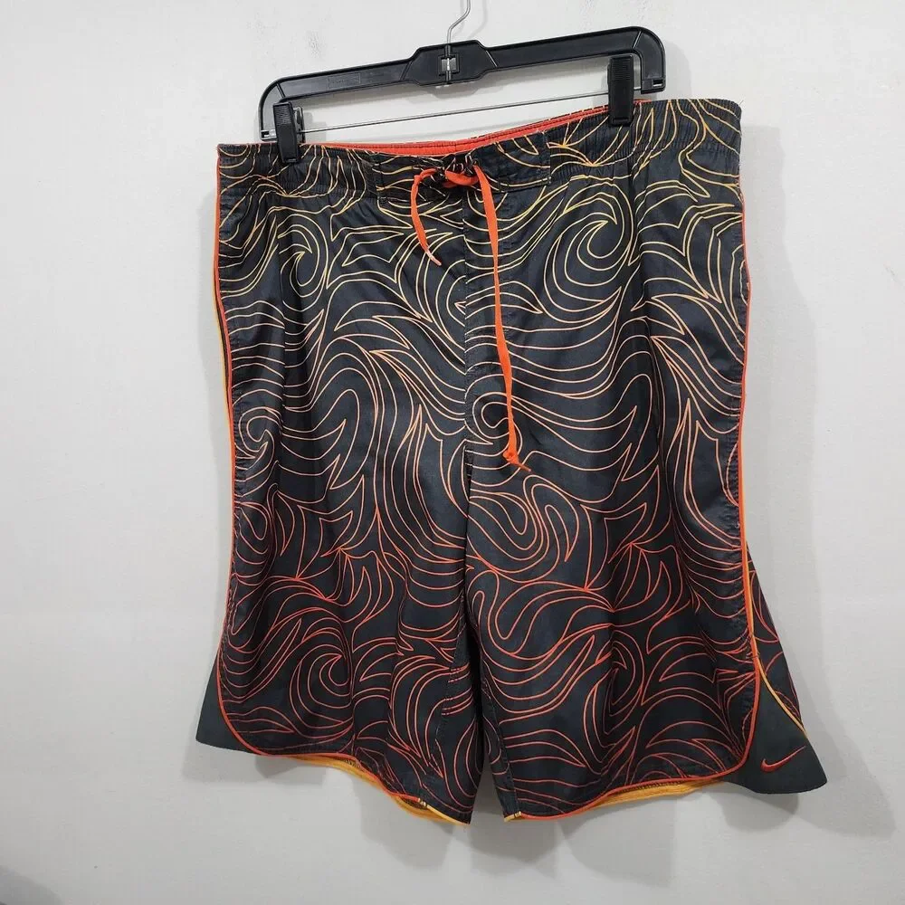 Vintage NIKE Board Shorts Swim Trunks Mens XL Black Orange Flame AOP Drawstring